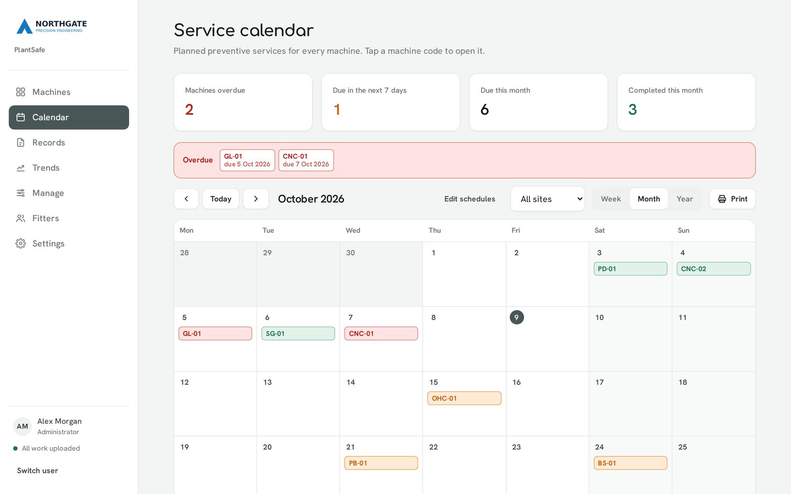 The PlantSafe service calendar showing services due, overdue and completed