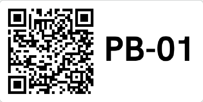 A printed QR label showing a QR code and the machine code PB-01