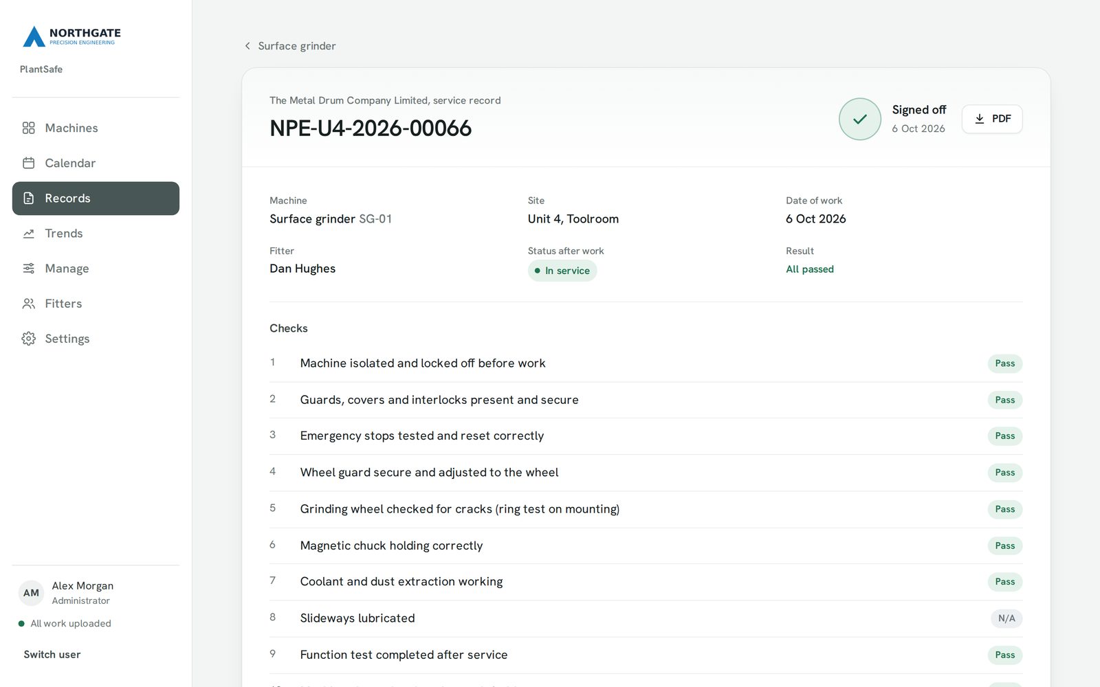 A signed and archived service record in PlantSafe